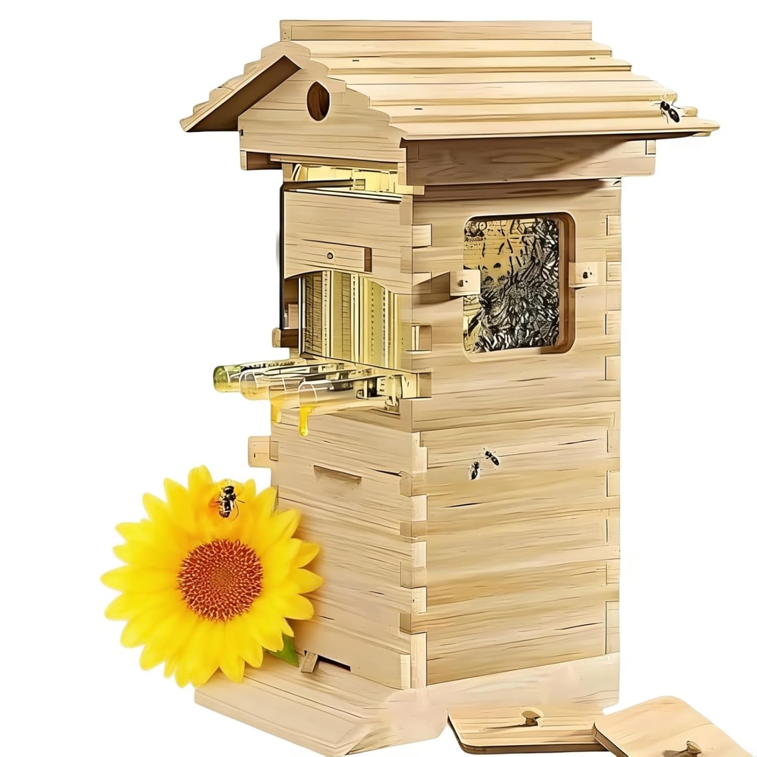 Bee Hives Boxes Starter, Beeswax-Coated Hive Boxes, Self-Flowing Beehive, Observation Window and Spout, Ventilated Design, 4 Frames & 6 Trays, for Beginners, Garden Pollinators