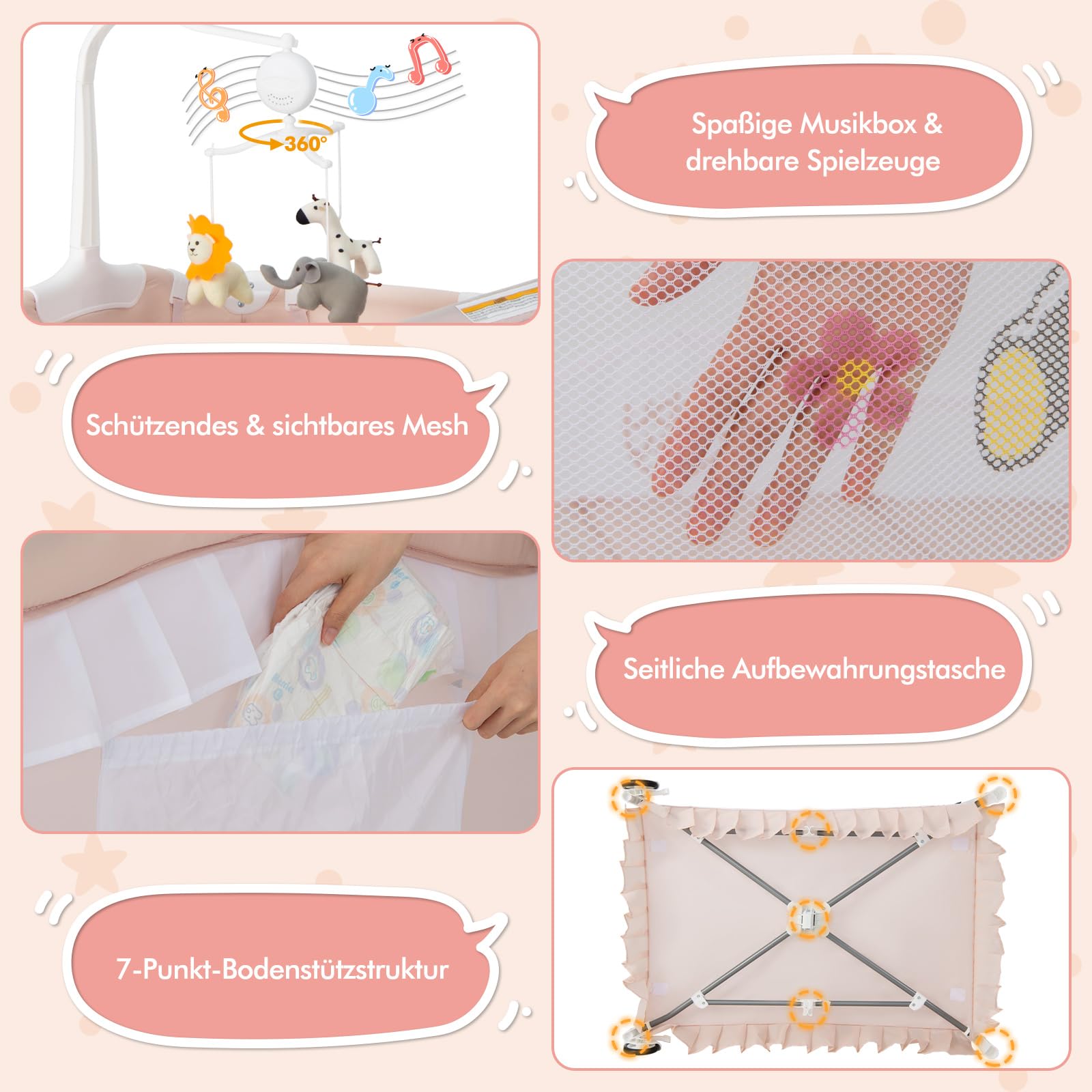 COSTWAY 4 in 1 Babybett mit abnehmbarem Baldachin, Reisebett mit Matratze, Wickelauflage, Spielbogen & Musikbox, Beistellbett mit Rollen, Kinderreisebett faltbar für 0-36 Monate Baby (Rosa)