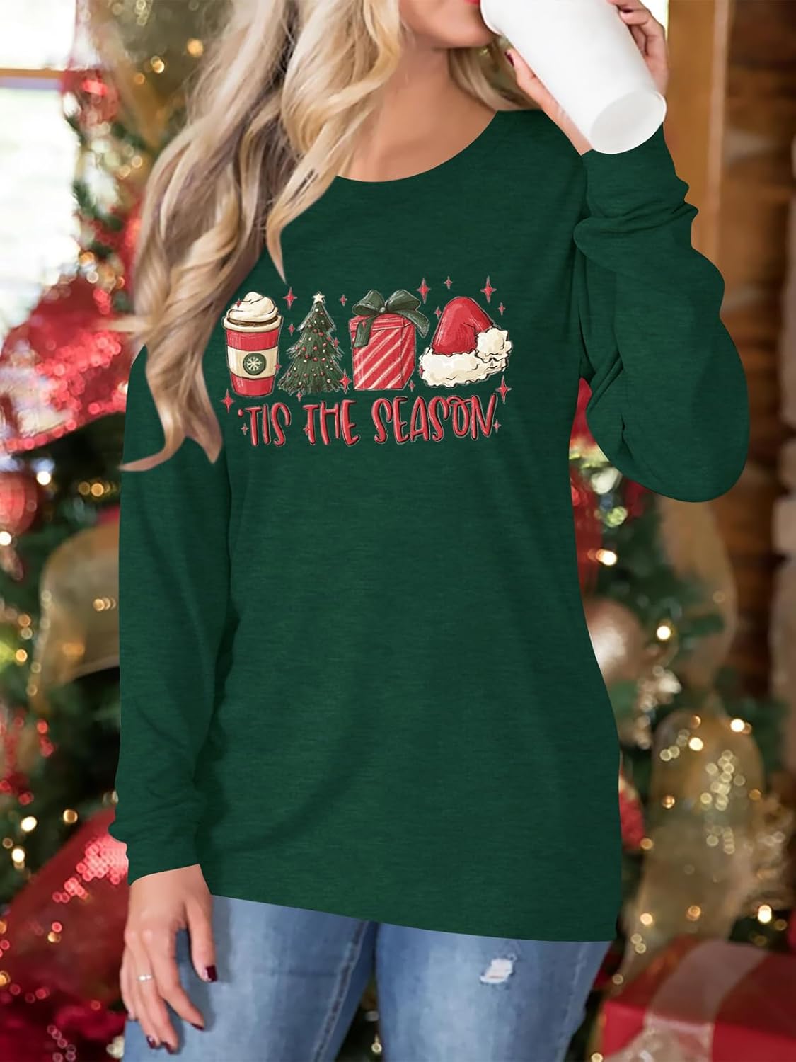 Christmas T-Shirt for Women Long Sleeve Round Neck Xmas Holiday Shirts Casual Basic Tunic Tops - Image 3