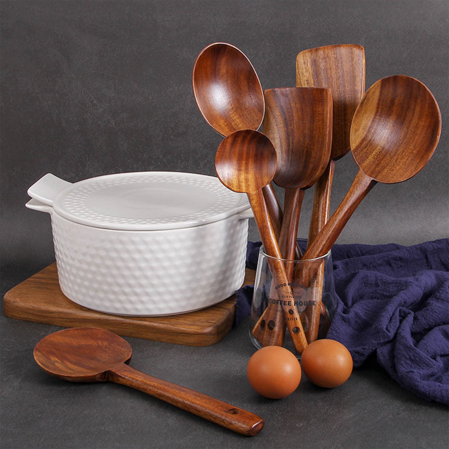 Cuchara de Café de Teca Natural Cuchara Agitadora de Mango Largo Espátula de Cocina Juegos de Utensilios de Cocina de Madera Ecológicos Antiadherentes, Paquete de 6