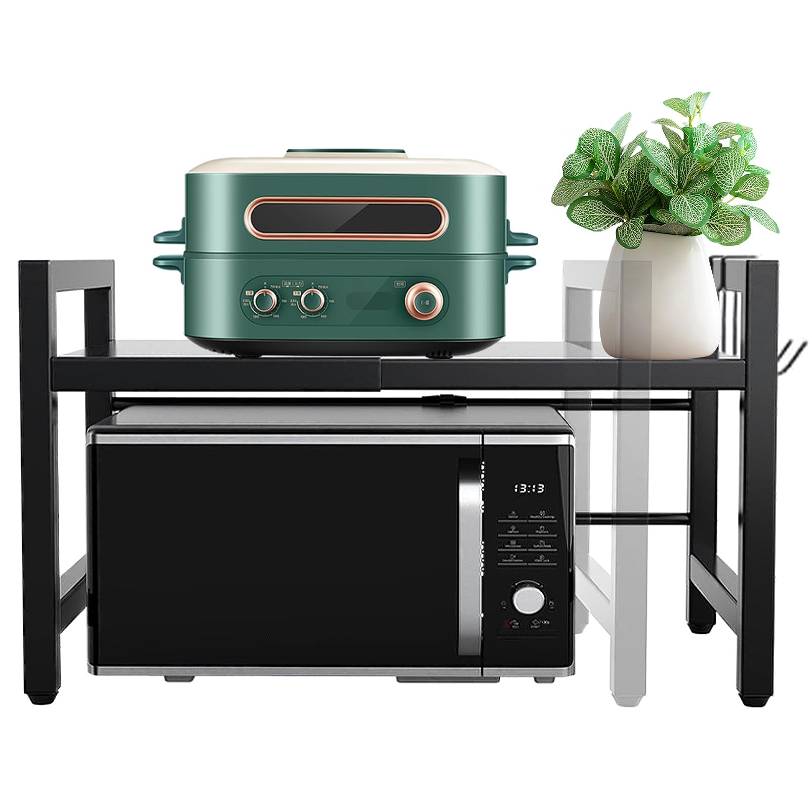 Support De Four à Micro-Ondes Extensible 2 Niveaux - Étagère Cuisine Noire Avec 6 Crochets - HYOJCWU