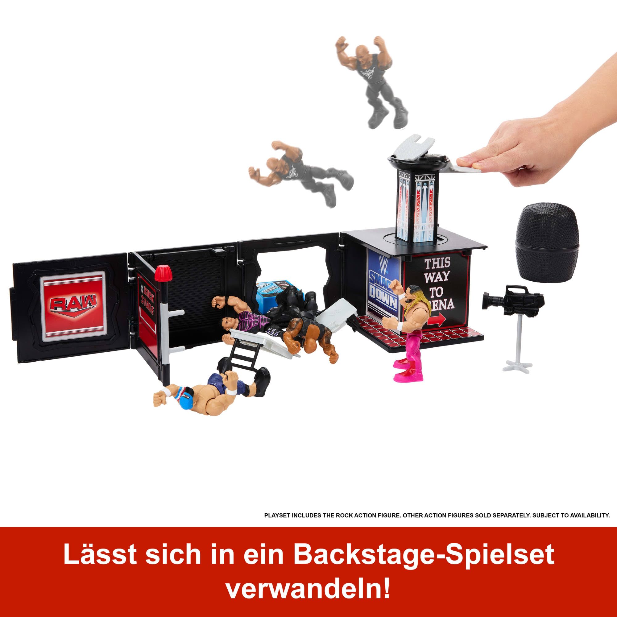 Mattel WWE Knuckle Crunchers 2-in-1-Mikrofon und Spielset mit Actionfigur und 2 Zubehörteilen, Final Boss-Set mit 8 cm großem The Rock, JFX07