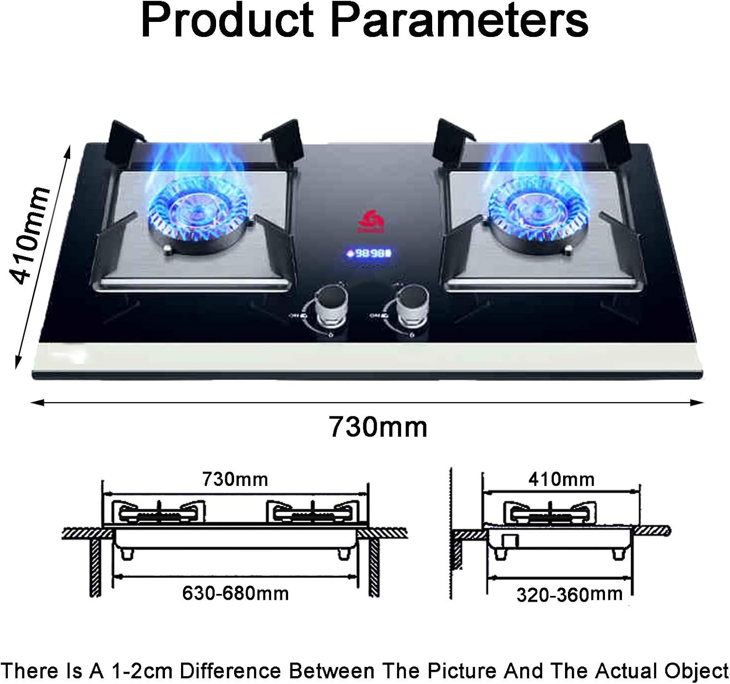 Portable Gas Stove 2 Burners 4.2 KW, Black Tempered Glass Top, with Flameout Protection, Suitable for Home Kitchens(LPG)
