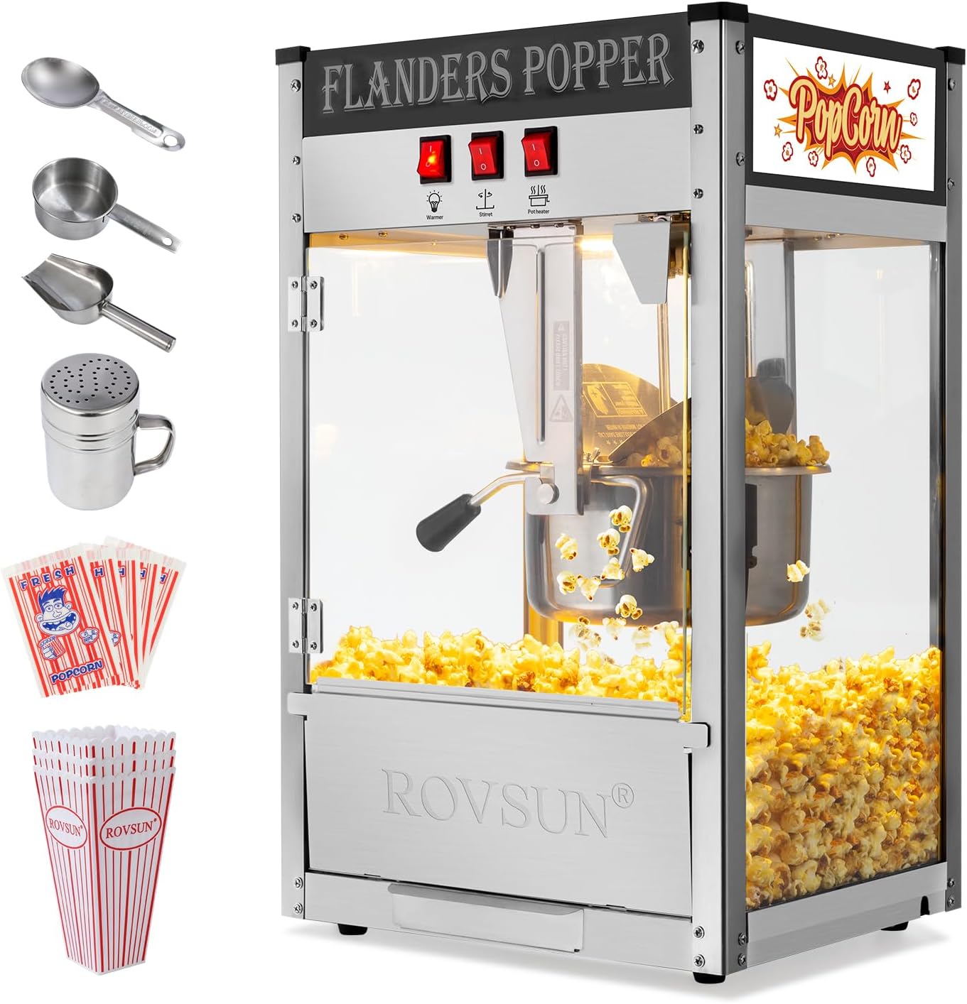 ROVSUN Popcorn Machine Movie Theater Style w/ 10 Ounce Kettle Makes Up to 4 Gallons ETL Certified, Countertop Popcorn Maker Commercial Popcorn Machine w/Stainless Steel Scoop, Oil Spoon, Bags & 3 Cups