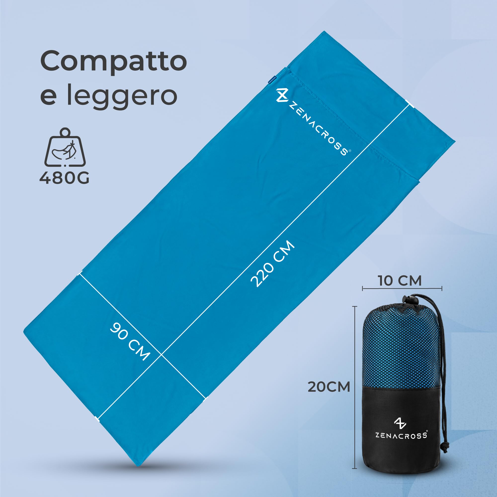 Zenacross - Sacco Lenzuolo da Viaggio - Sacco Letto Singolo Ultraleggero e Compatto - 100% Cotone - Saccoletto con Scomparto per Cuscino - Sacco Lenzuolo Cotone Singolo