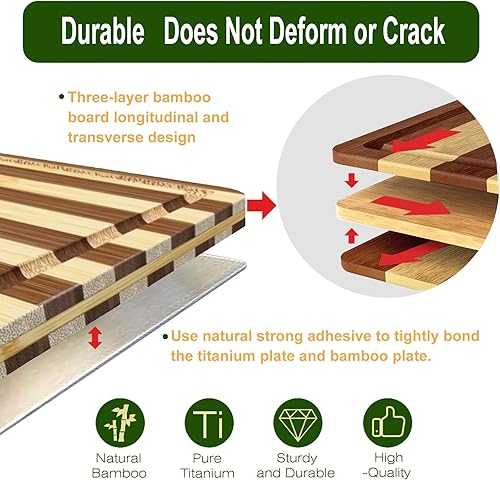 Miniatura 3 de Tabla de cortar de titanio para cocina, tabla de cortar de doble cara de grado alimenticio, titanio puro y 100% bambú, con ranuras profundas para