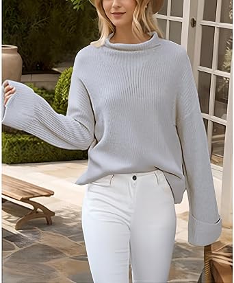 Pantete Womens Mock Neck Sweater Bell Long Sleeve Knit Pullover Top