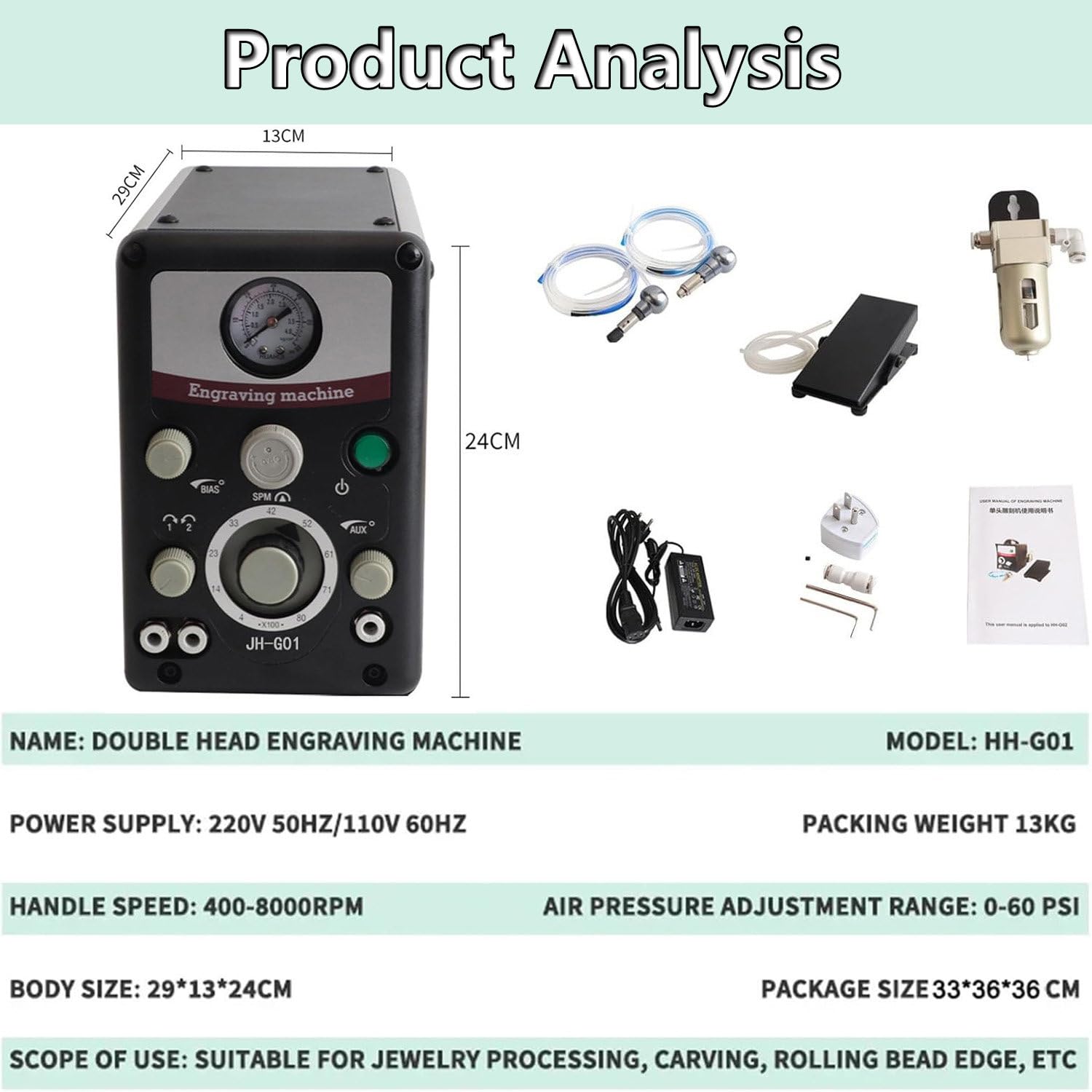 Máquina grabadora neumática de joyería de doble cabezal, máquinas de grabado manual neumáticas de 400 a 8000 RPM, pieza de mano de grabador neumático, micrograbador de doble cabezal para artesanías