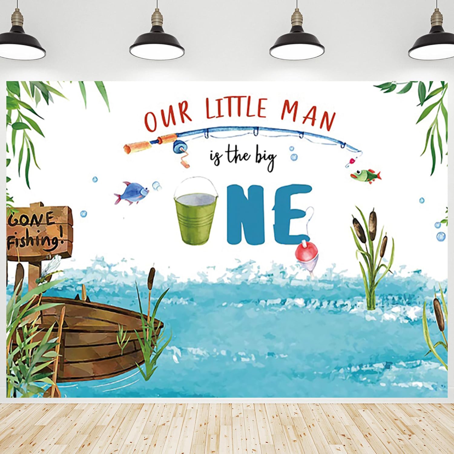 CRTPOD Gone Fishing 1st Birthday Backdrop Our Little Man is The Big One Birthday Photography Background for Fisherman Boys Birthday Party Decorations Banner Supplies Photo Photobooth Props 7x5ft