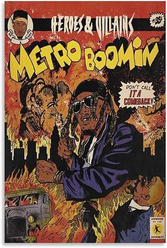 Póster de héroes y villanos por Metro Boomin en lienzo de los años 90, arte de pared, póster estético de 12 x 18 pulgadas (11.8 x 17.7 in)