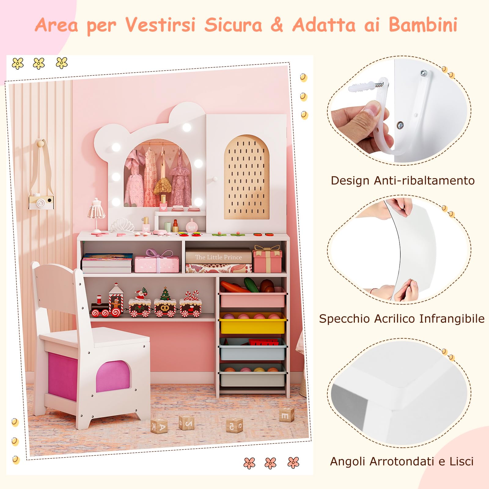 COSTWAY Toeletta per Bambine 3+ Anni, Set Tavolo e Sedia con Luci da Principessa con 5 Cassetti e 2 Scomparti, Armadietto con Porta e Scaffale Aperto, Ideale per Cameretta Bambina (Bianco)