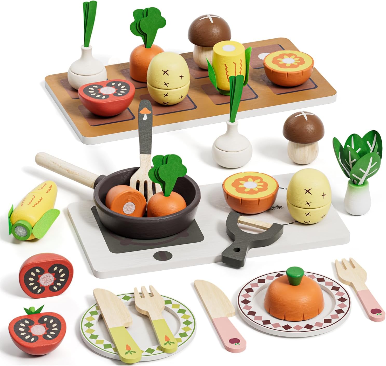 Wooden Play Food Sets for Kids Kitchen, Farm to Table Play Kitchen Accessories, Cooking Set for Kids 3-5, Pretend Cutting Food Toys Girls & Boys
