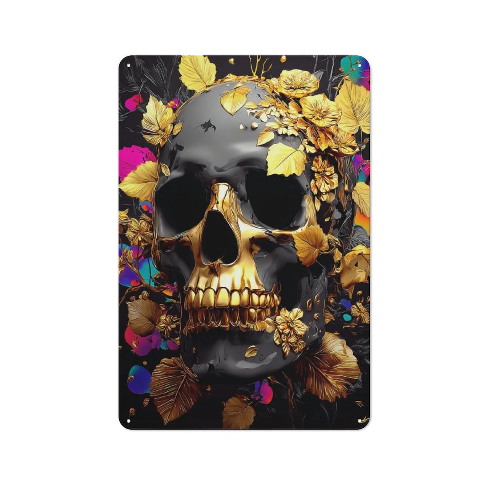 Junmoney Golden Skull With Flowers Artwork-1 Rustic Metal Plaque 30X20cm For Hobby Room Or Studio, For Creative Interior Collectors