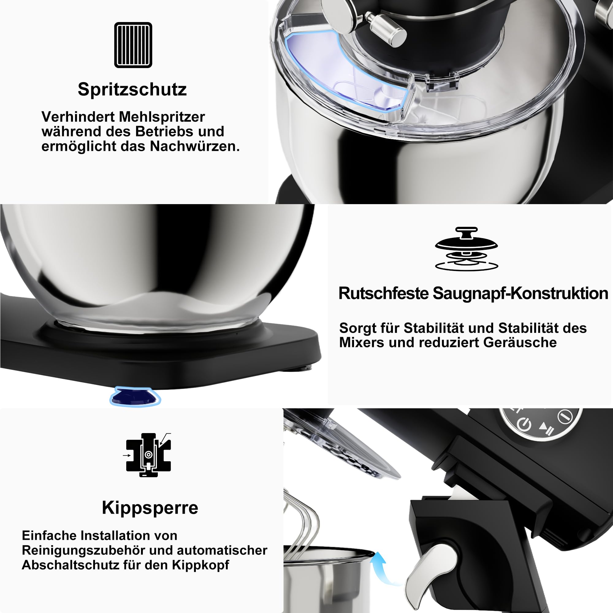 Camic Küchenmaschine 1800W, 8L Knetmaschine aus Vollmetall mit 10 Stufen, digitaler Touchscreen, Timer, Teigmaschine mit Schneebesen, Knethaken und Rührbesen zum Backen von Kuchen, Keksen und Brot