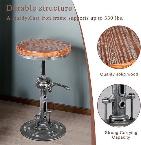 Miniatura 5 de Taburete de bar vintage con manivela de asa, taburete de bar industrial para isla de cocina, de 18 a 22 pulgadas, altura ajustable, taburete de