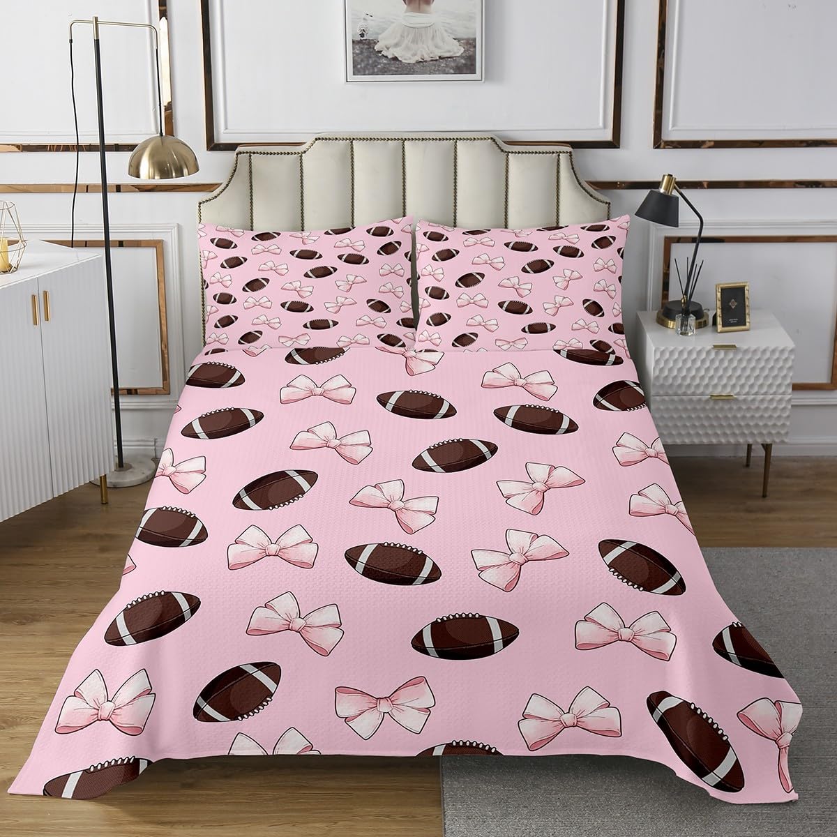 jejeloiu Football Quilted Coverlet Rugby Sports Bedspread for Kids Boys Girls Teens Pink Bow Coverlet Set Queen Size Cute Bowknot Room Decor Gift for Football Lover 3Pcs Breathable Soft Lightweight