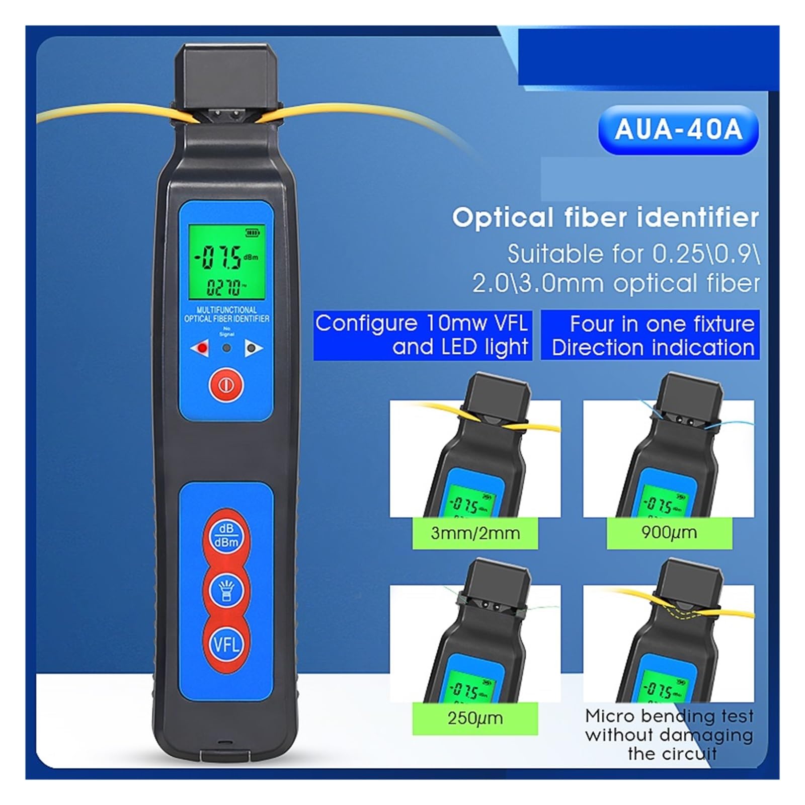 Identificador De Fibra Óptica De Calidad, AUA-40A De Identificador Óptico De Fibra Viva Con Localizador Visual De Fallos Integrado De 10mw
