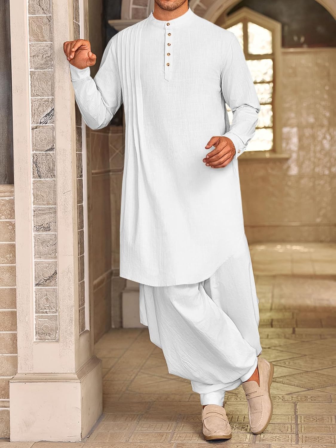 Runcati Mens Kaftan Thobe Cotton Linen Henley Shirt Long Sleeve Robe Casual Muslim Gown Kurta - Image 4