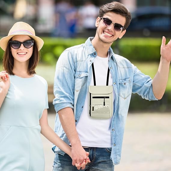 Travel Neck Wallet & RFID Blocking Sleeves for Men and Women, Neck Money Pouch Anti Theft Travel Document Organizer with Adjustable Strap - Beige