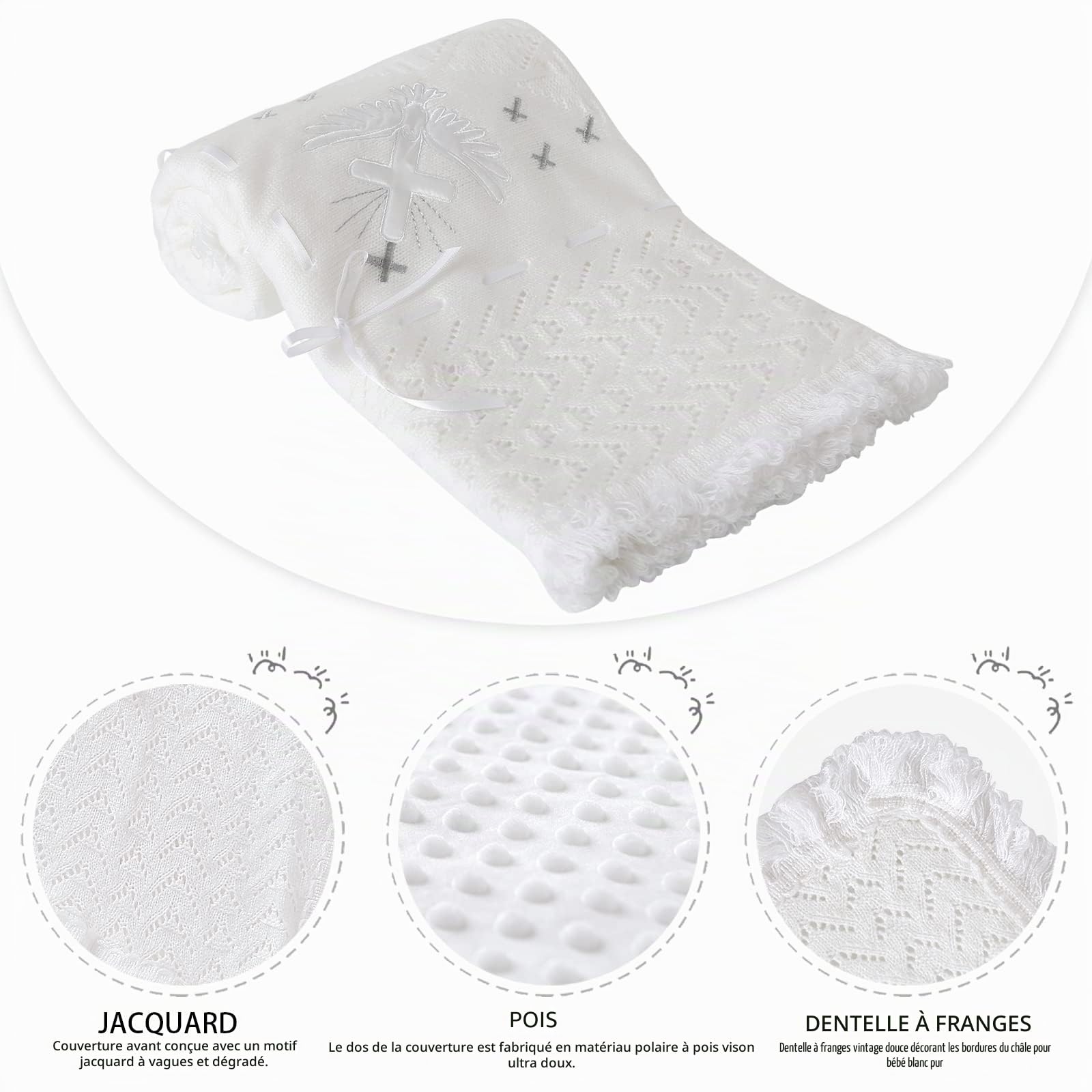 Booulfi Couverture de baptême Unisexe pour bébé - Blanc - Châle tricoté - Taille : 95,2 x 100,3 cm