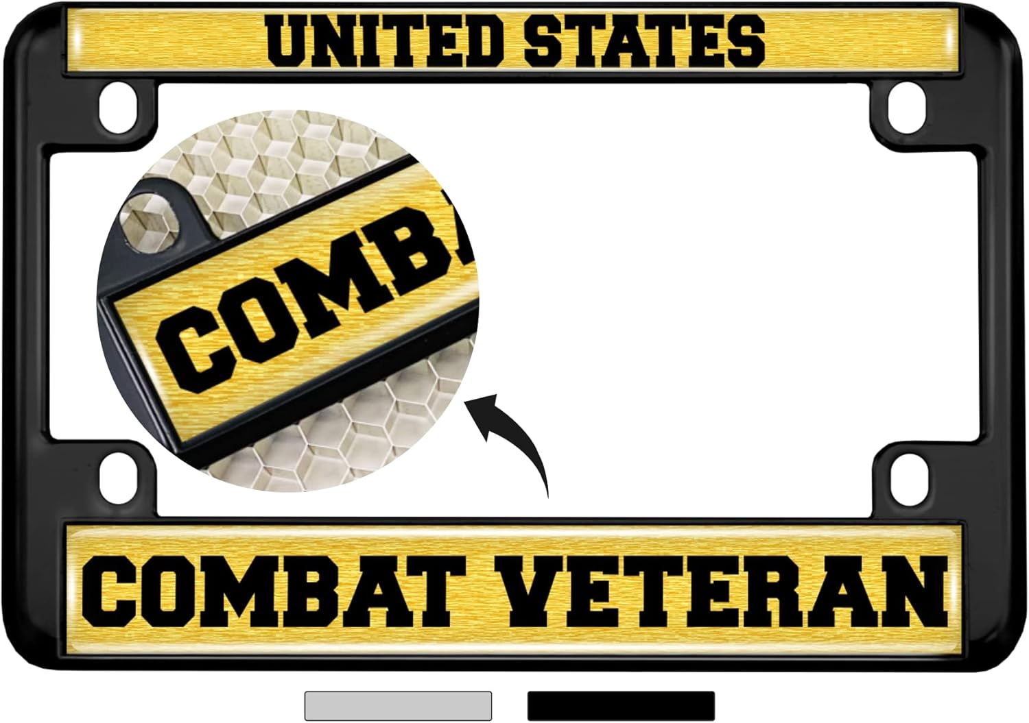 Motorcycle Metal License Plate Frame with U.S. Combat Veteran Design - Black