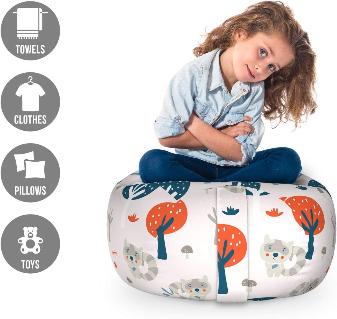 Ambesonne Cartoon Animal Storage Toy Bag Chair, Rhythmic Tree Autumn Woodland Racoon, Stuffed Animal Organizer Washable Bag, Small Size, Pale Blue Multicolor