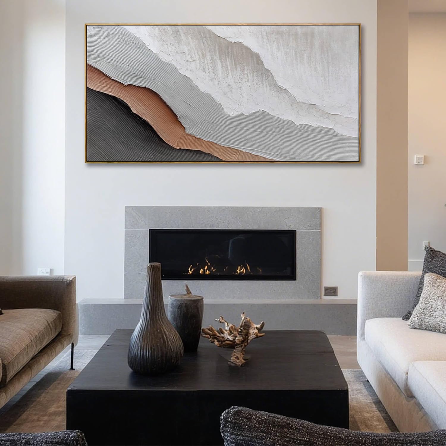 Textured White Wall Art,Grey Abstract Artwork,Large Framed Modern Pictures,Wave Landscape Oil Painting 24"x48"for Home Office Gallery