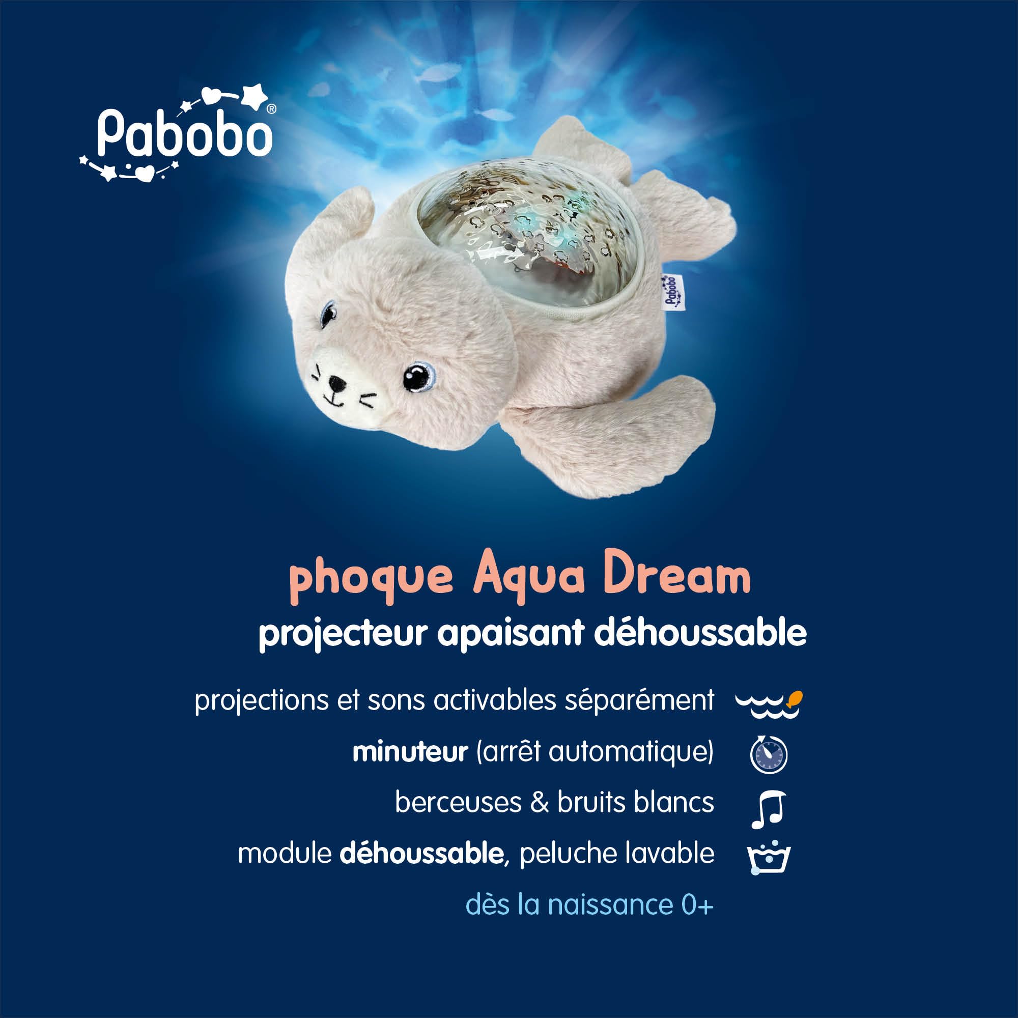 Pabobo - Nachtlicht Robbenprojektor Aqua Dream | Animierte Unterwasserprojektionen | beruhigende Geräusche & Wiegenlieder | automatische Abschaltung | waschbares Plüschtier