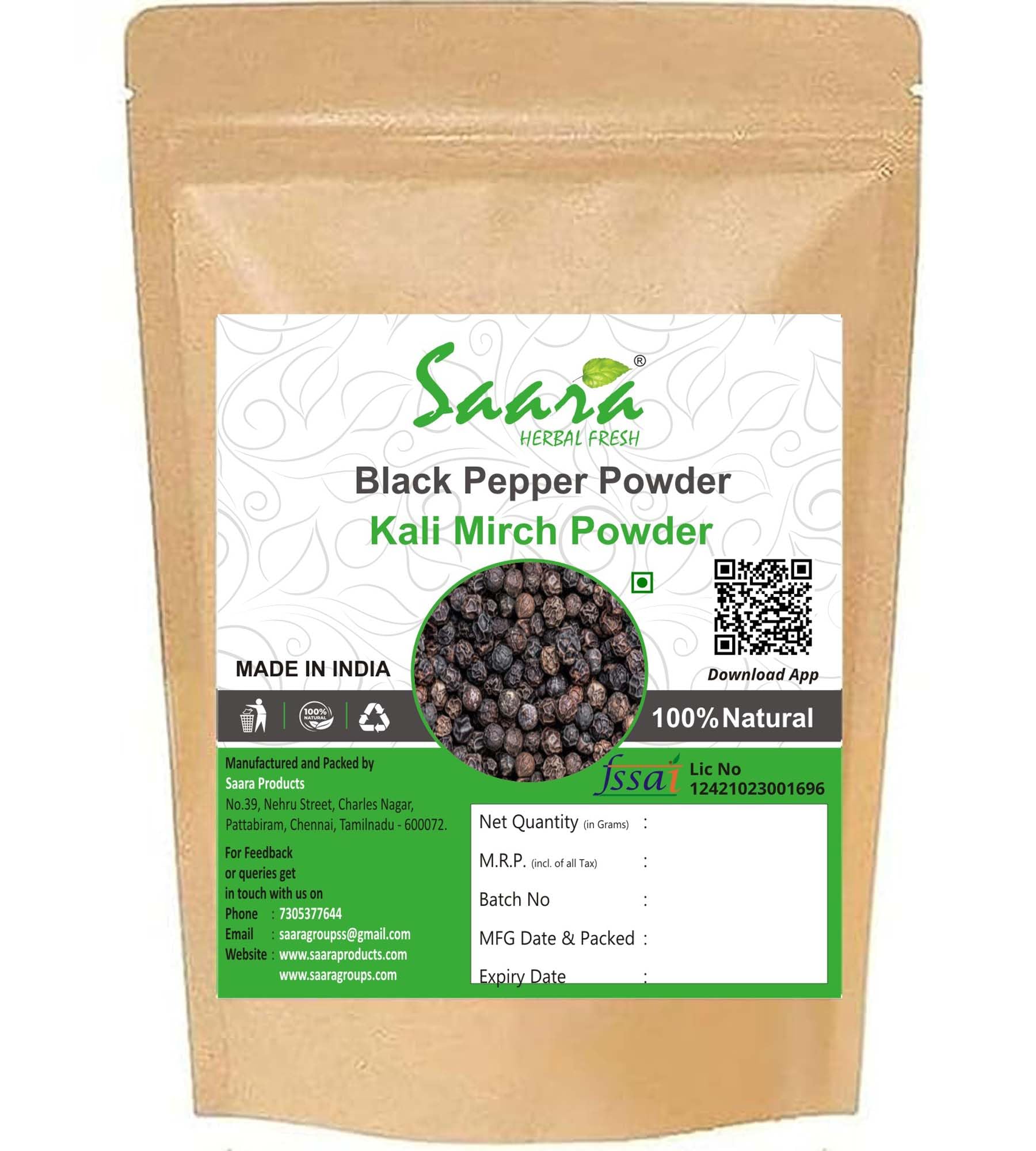 Saara HERBAL FRESH Black Pepper Powder 50g, Milagu Podi, Milagu Powder, Kali Miri Powder, Kali Mirchi, Sun-dried, Zero added Colours, Fillers, Additives Preservatives, High Volatile Oil Content, Natural, 50 gms Pack of 1 Brown Zipper Packaging (B091B9XVGS) Amazon Price History, Amazon Price Tracker