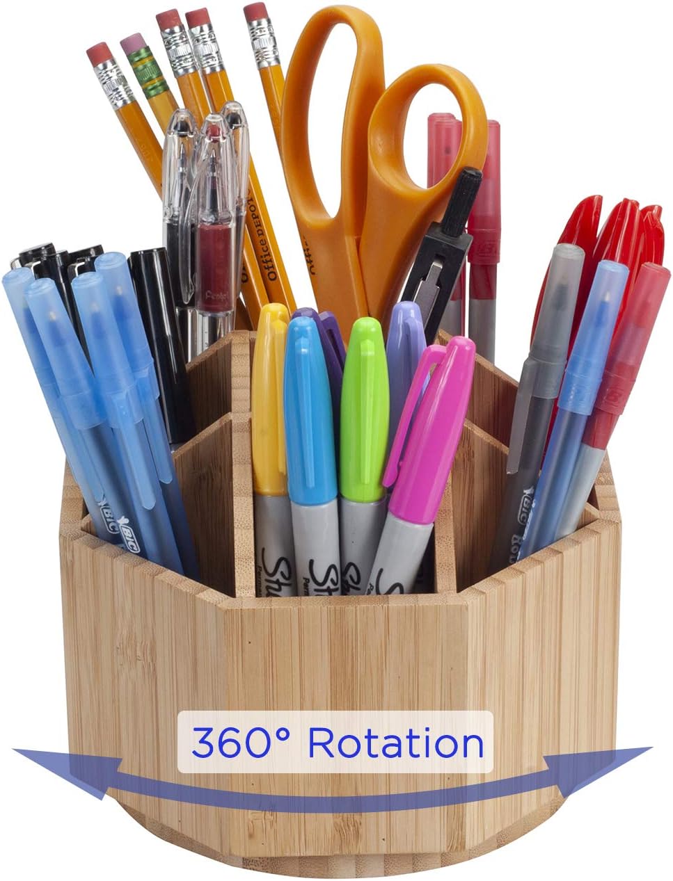 MobileVisionBamboo Rotating Office & Art Supply Organizer Multiple Compartments, 9 Sections for Pens, Pencils, Highlighters, Markers, Scissors, Accessories & More