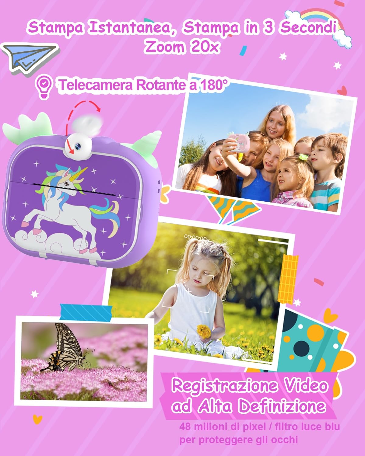 Robofun Macchina Fotografica Istantanea, 2,4 Pollici 1080P 48MP HD 180° Obiettivo Rotante Fotocamera Digitale con 32GB Scheda SD e Carta da Stampa, Regalo per Bambini dai 3-12 Anni - Viola