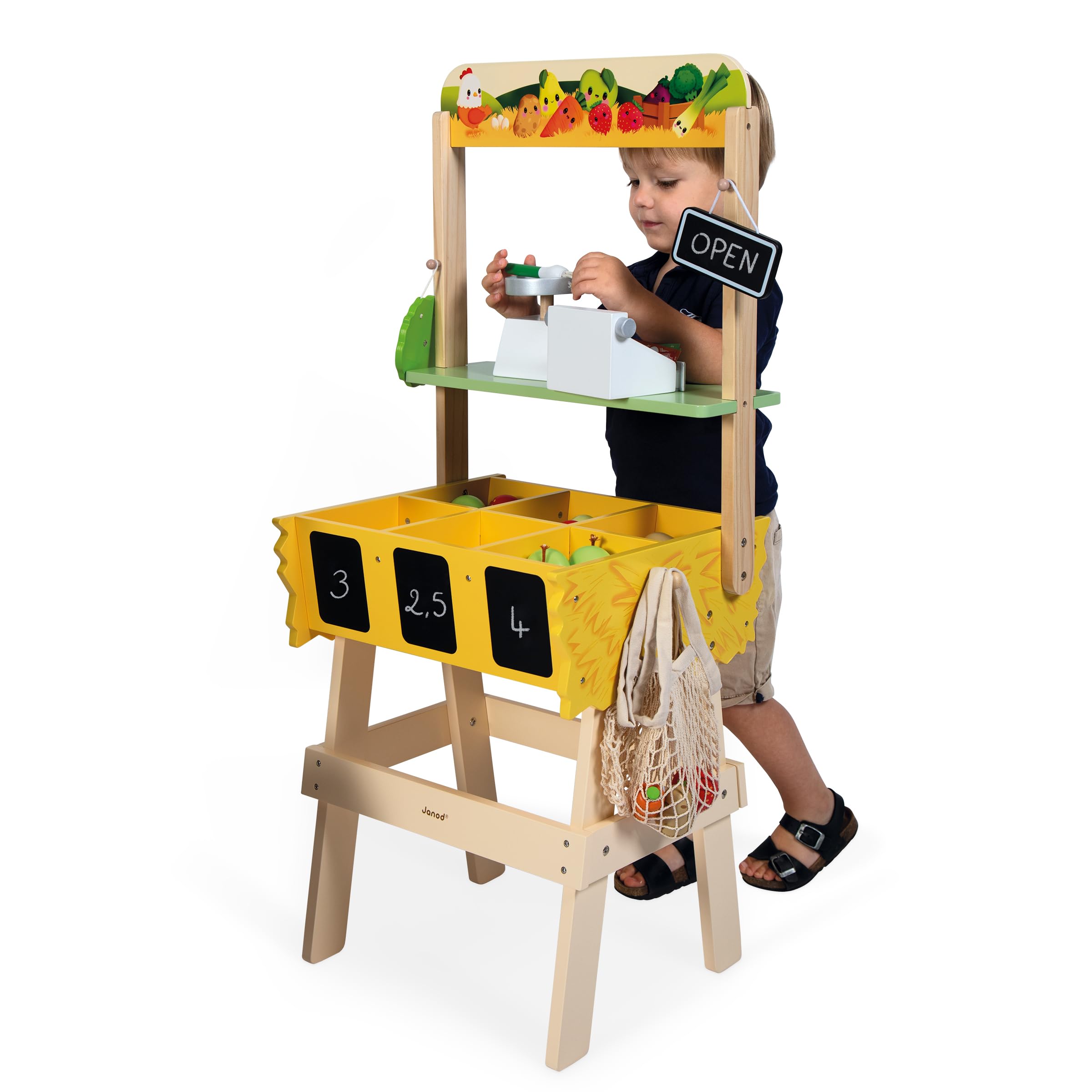 Janod - Tienda Infantil Farm Market - Juguete de Imitación Infantil - 32 Accesorios - Estimula la imaginación - Juguete de Madera FSC - Pintura al Agua - A Partir de 3 años, J03322