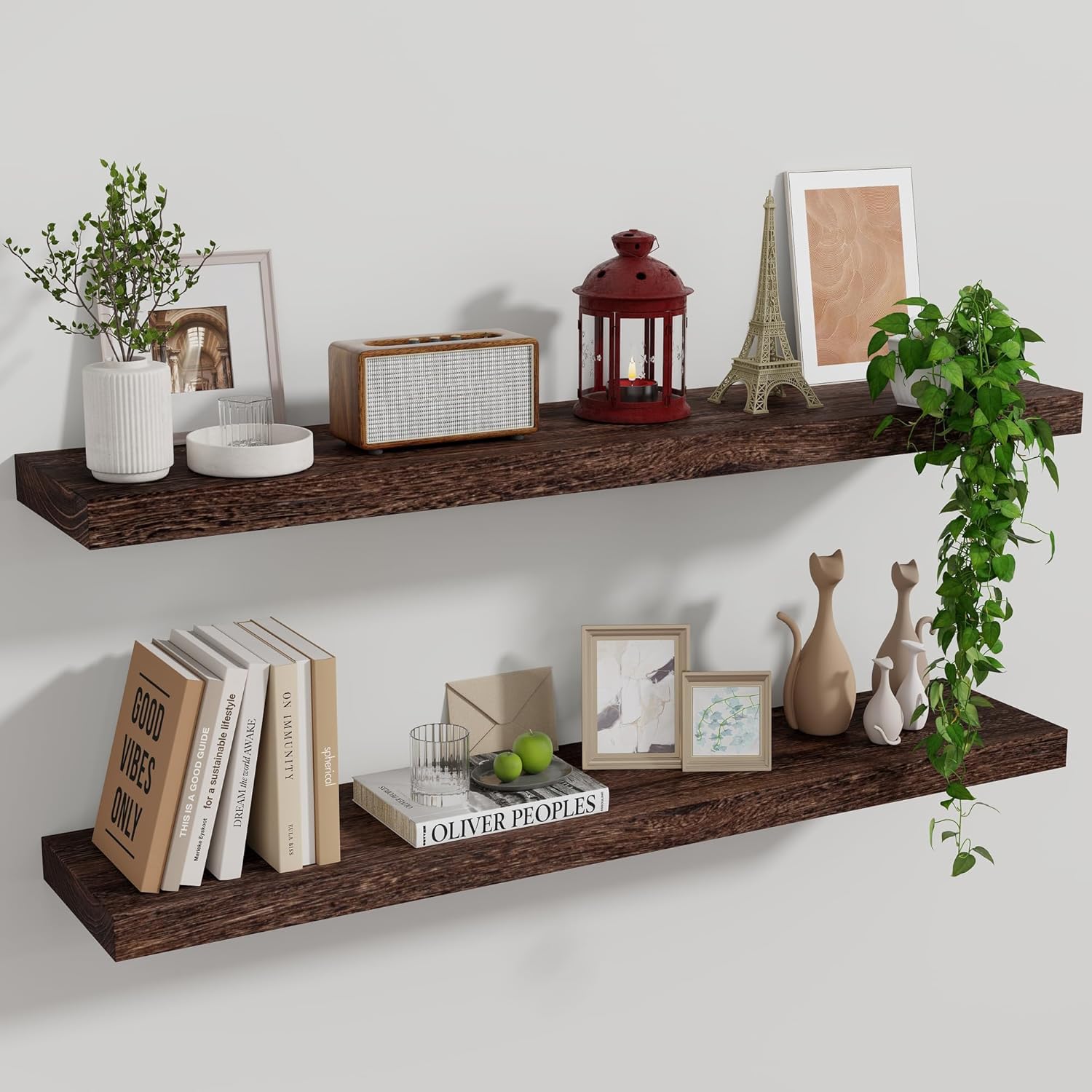 Marsmiles Wood Floating Shelves for Wall Set of 2, 36 Inch Wide Rustic Wooden Floating Shelves, Invisible Wall Mounted Display for Living Room Bedroom Kitchen Bathroom Office, Rustic Brown