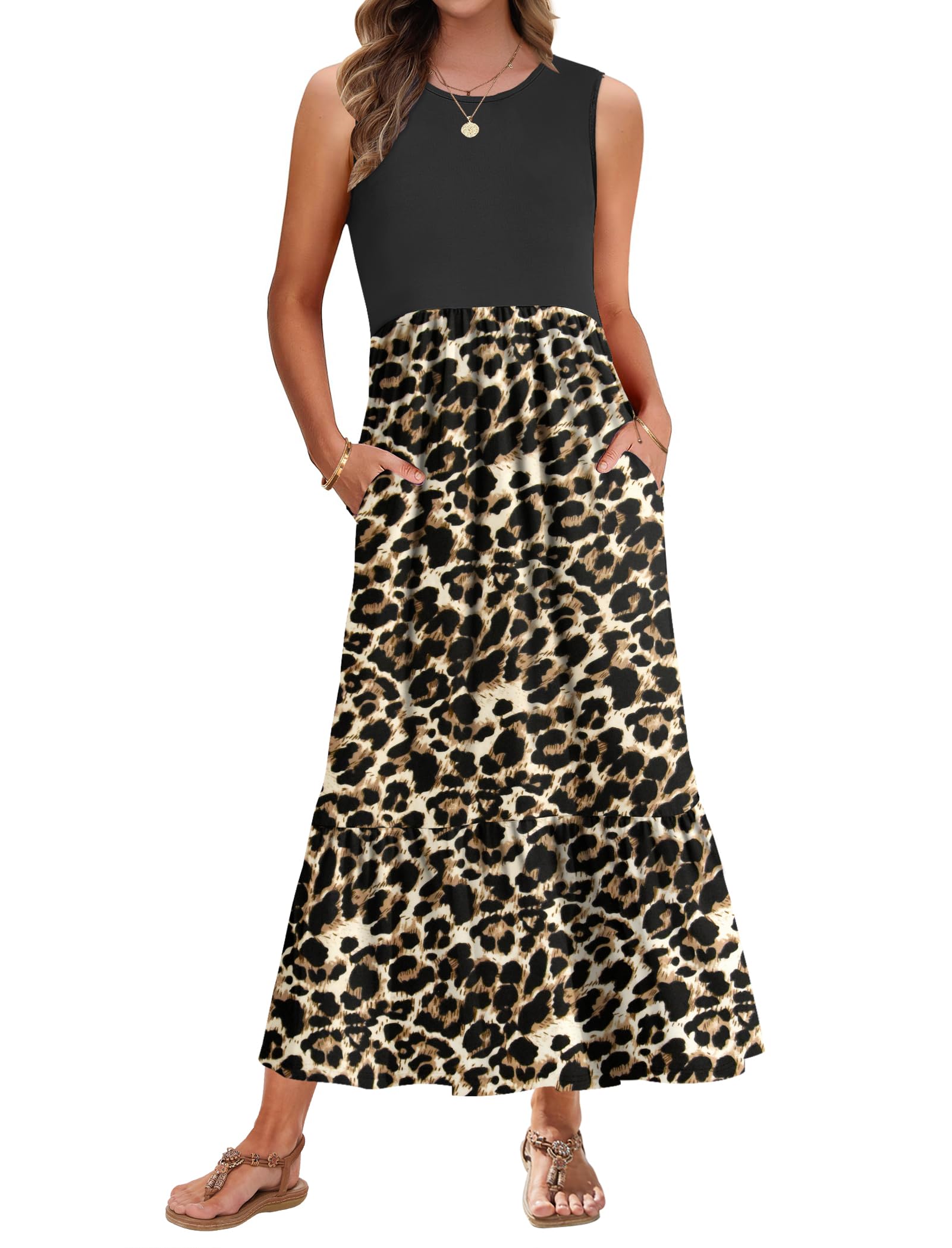 AUSELILY Summer Dresses for Women UK Sleeveless Maxi Dresses Leopard Ladies Summer Dresses Beach Coverups Sun Dresses Tiered Long Dress with Pockets XXL