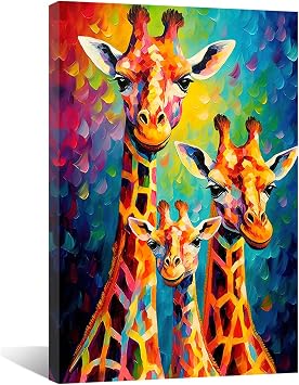QIXIANG Colorful Animal Canvas Wall Art Giraffe Family Picture Prints Nursery Childrens Room Decor Artwork Framed Ready to Hang 12.00" x 18.00", Giraffe Family C