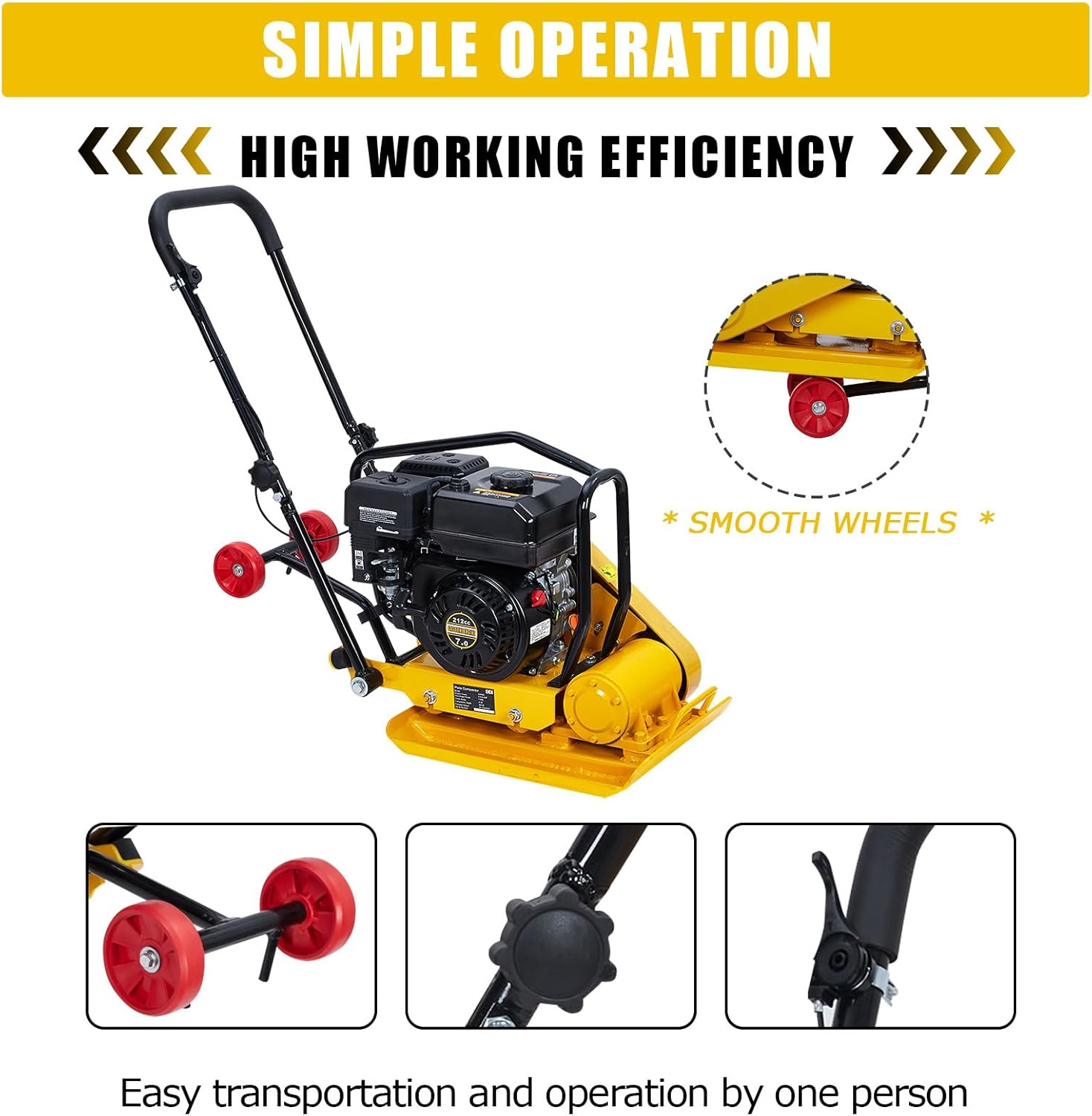 7HP Plate Compactor, 212CC Gas Engine, 4200 lbs Vibratory Compaction Tamper, Plate Power Jumping Jack Tamper, 5600 VPM Pavement Compactor for Walkways, Asphalts, Paver Landscaping