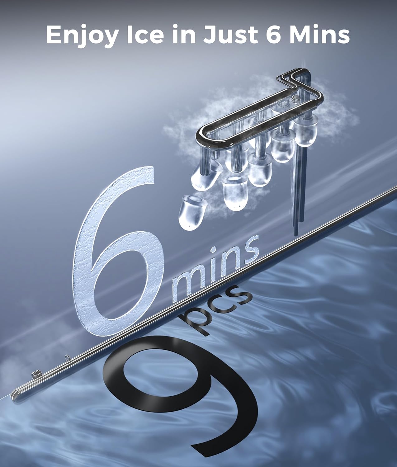 Graphic showing ice cubes forming and dropping into a basket, with text indicating '9 cubes' and '6 mins'.