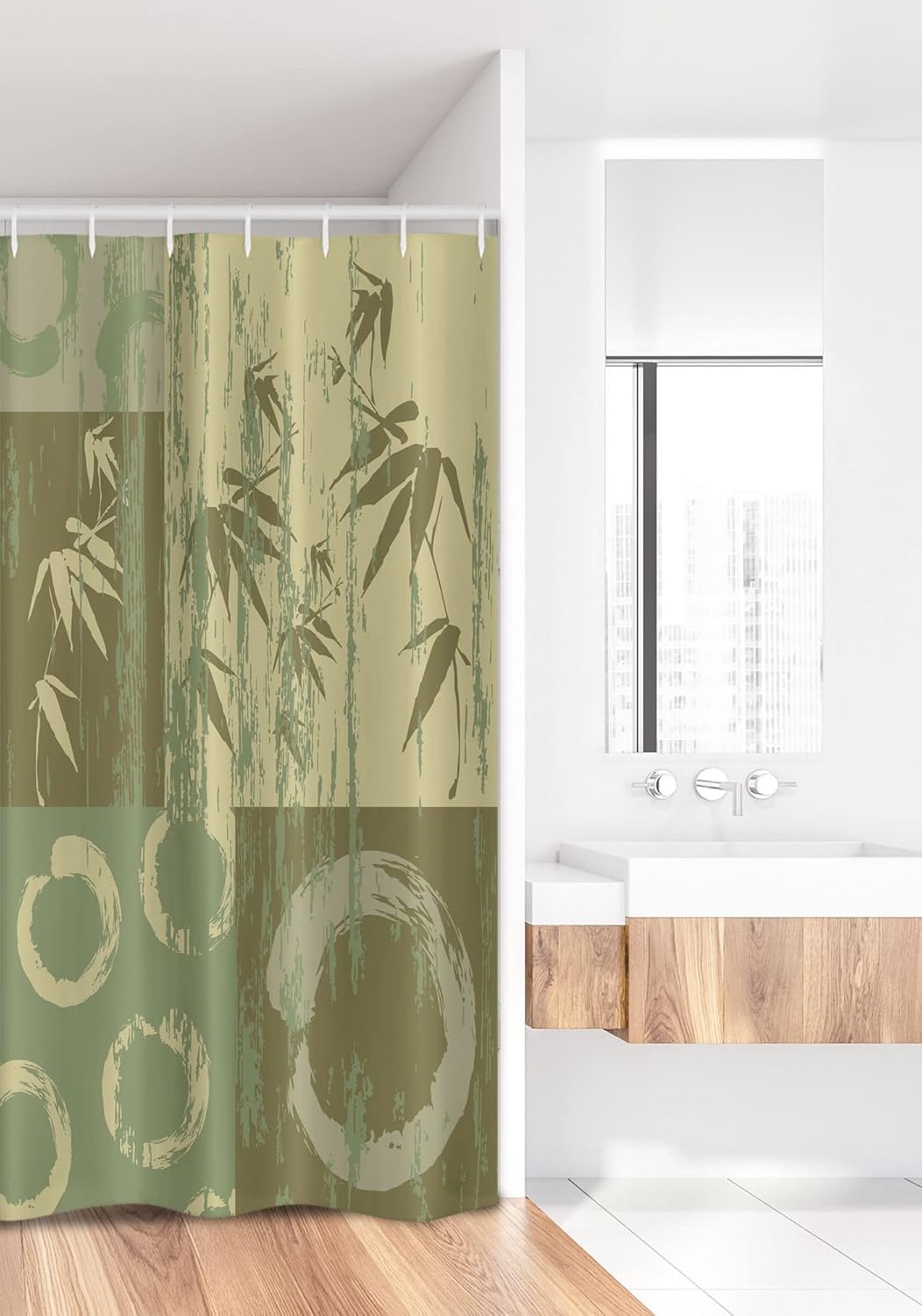 Ambesonne Asian Themed Stall Shower Curtain, Circle and Branch Silhouette Over Vintage Color Oriental Eastern Patchwork Like Art, Fabric Bathroom Decor Set with Hooks, 36" W x 72" L, Green