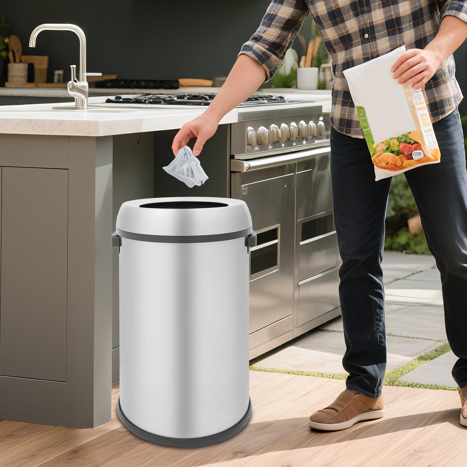 Cubo de basura de cocina, cubo de basura de acero inoxidable con tapa extraíble, 65 l, cubo de basura abierto para restaurantes, corredores de centros comerciales, vestíbulos de hotel, áreas