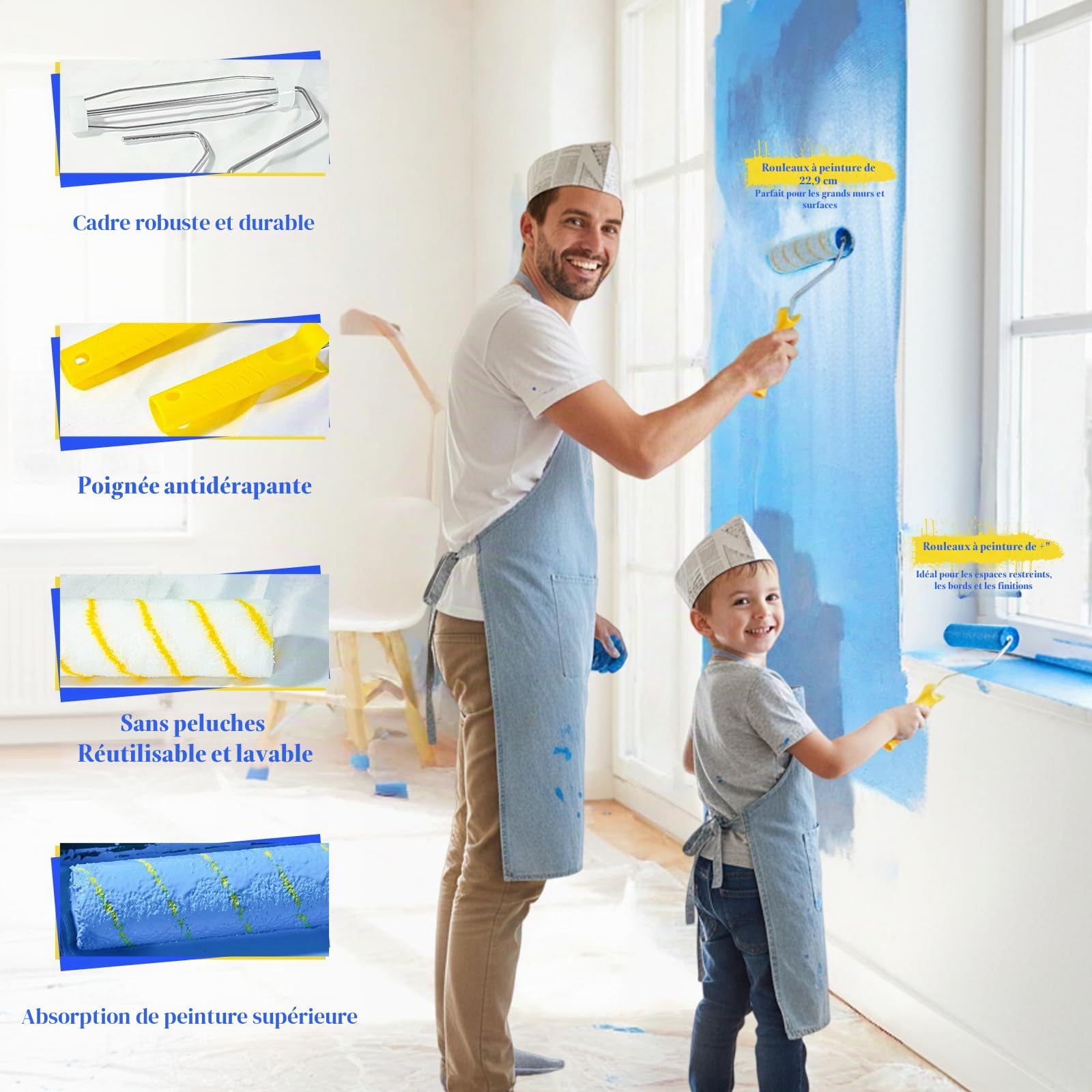 Set de Rouleaux de Peinture 18 pièces avec Rallonge – Rouleaux et Plateaux de Peinture pour Murs et Plafonds Inclut cadres et manchons 9 & 4 pouces, pinceaux – Idéal pour travaux maison