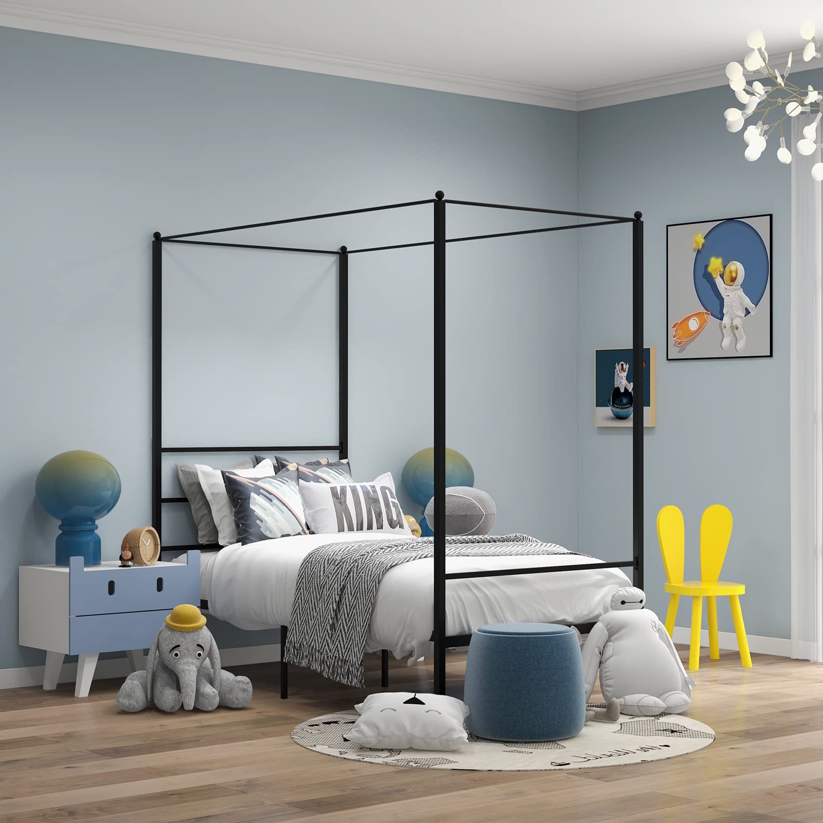 GOFLAME Twin Size Metal Canopy Platform Bed Frame, Modern Canopy Bed with 4 Posters, Underbed Storage, Mattress Foundation with Steel Slat Support and