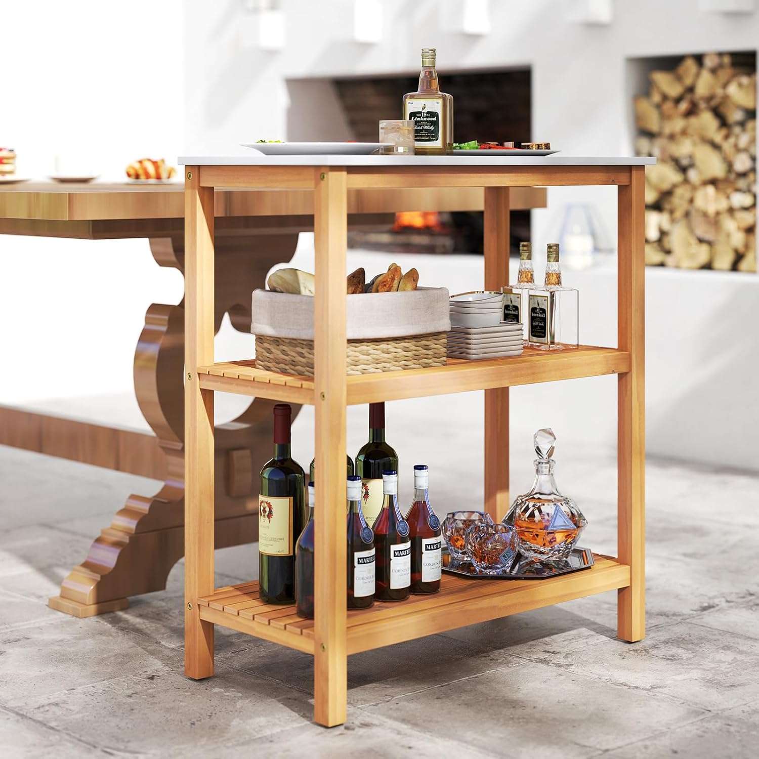 Goplus Patio Wooden Sideboard, 3-Tier Acacia Outdoor Kitchen Buffet Organizer w/Marble-Like Countertop & 2 Slatted Shelves, Garden Potting Bench Table & Plant Stand for Backyard, Garden, Deck