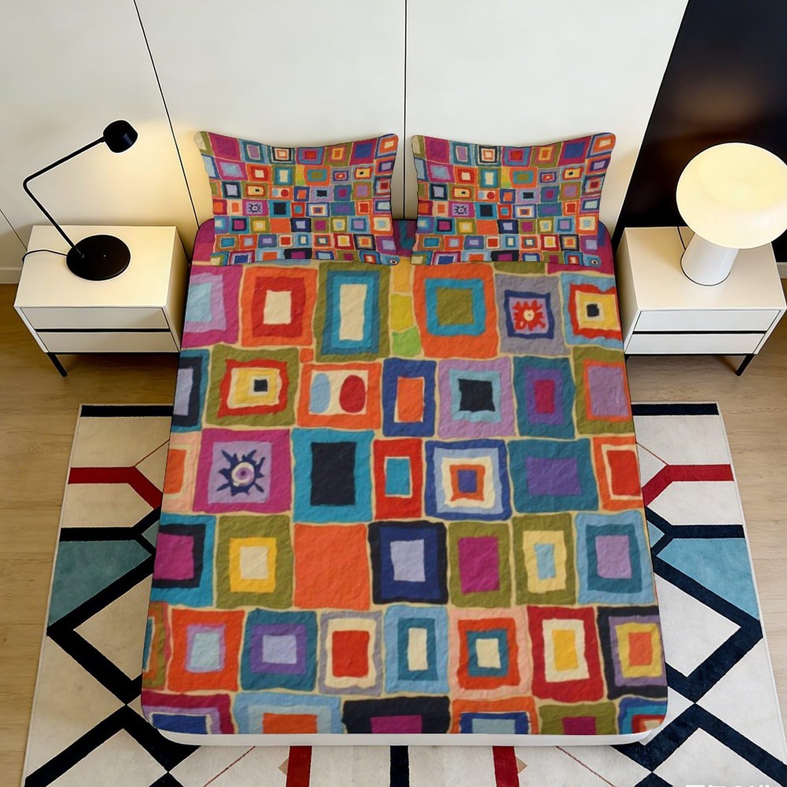3D Printed Colorful Geometric Fitted Sheet Microfiber Vibrant Mosaic Bed Sheet for Bedroom Guest Room Mattress Decor 90x200x25cm
