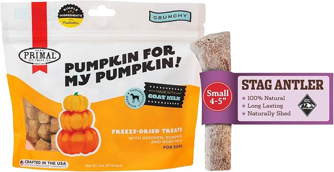 Primal Antler & Freeze Dried Dog Treats Bundle, Chicken & Pumpkin, 2 oz & Grade A Split Stag Antler for Small Dogs up to 15 lb