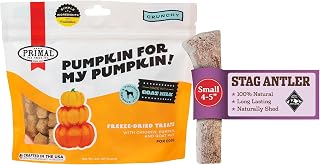 Primal Antler & Freeze Dried Dog Treats Bundle, Chicken & Pumpkin, 2 oz & Grade A Split Stag Antler for Small Dogs up to 15 lb