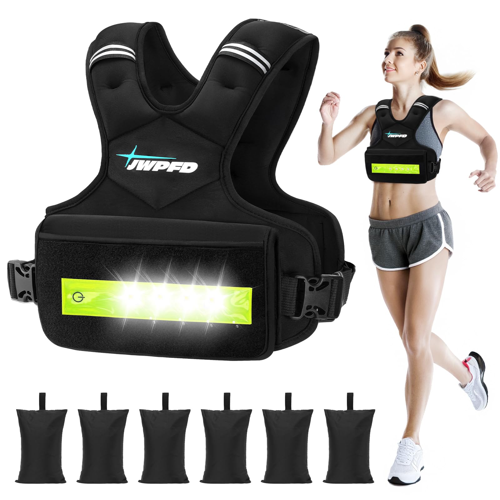 Adjustable Weighted Vest for Women, 6-15lbs Rucking Vest with LED Light Strips, Weight Vest with 6 Ironsand Weights, and Zipper Pocket for Strength Training, Walking, Running Black