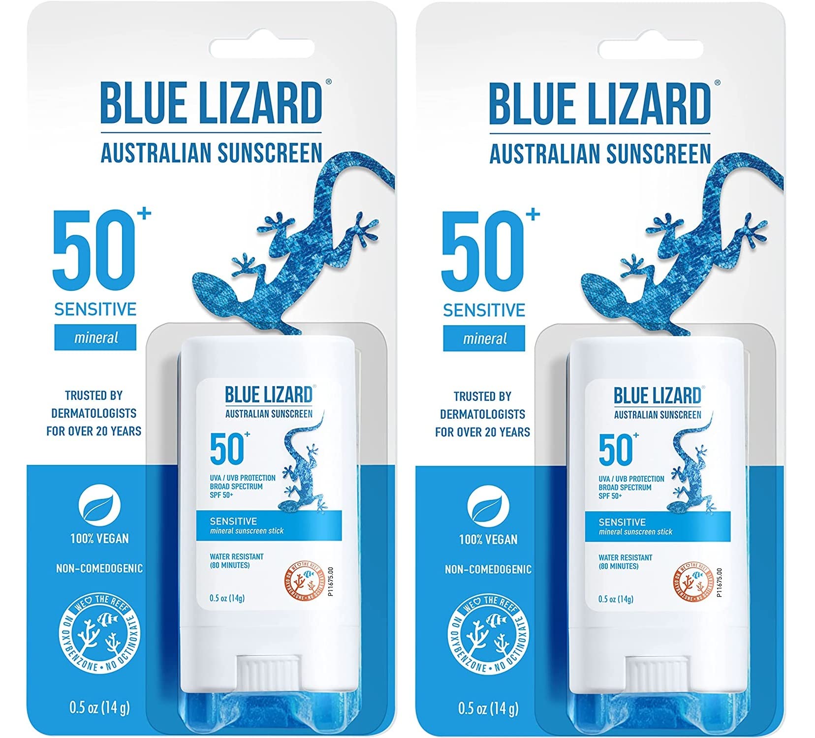 BLUE LIZARD Sensitive Mineral Sunscreen Stick with Zinc Oxide, SPF 50+, Water Resistant, UVA UVB Protection Easy to Apply, Fragrance Free, 0.5 Oz (Pack of 2)