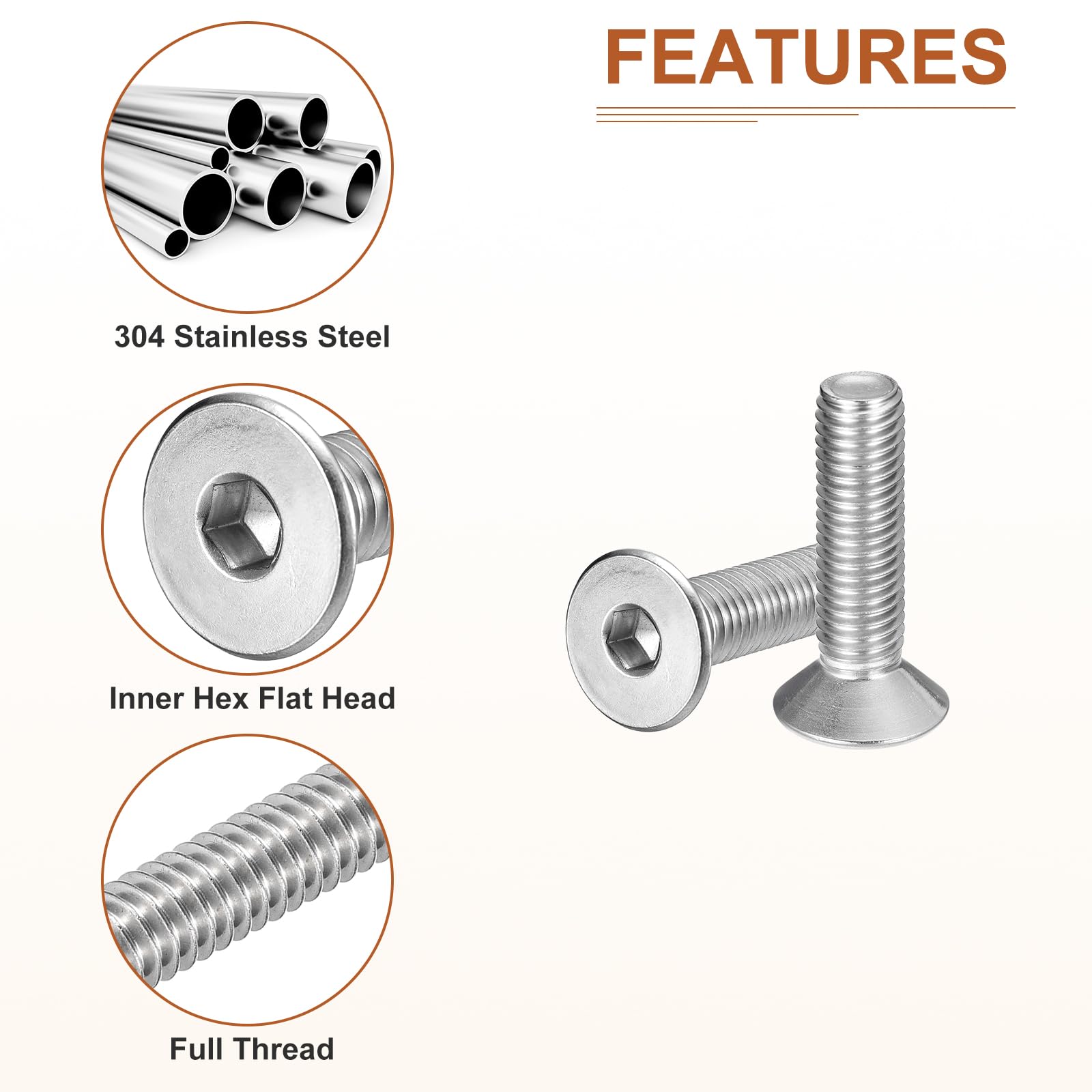 DTGN M10-1.5 x 40mm Flat Head Socket Cap Screws, 10 Pack 304 Stainless Steel Hex Socket Flat Head Screws, Full Thread - Image 4
