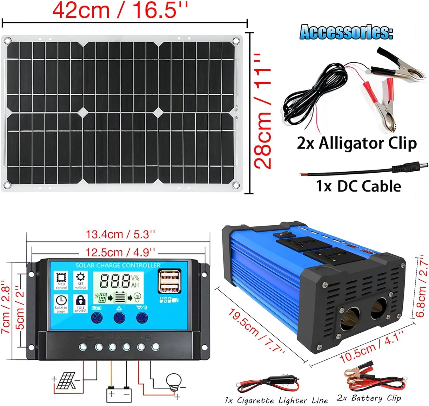 Kit de Panel Solar,500Watt Inversor de Coche/Regulador de Carga Pwm 30A/ Panel Solar Impermeable 18W, Kit de Panel Solar para Coche RV Barco Moto