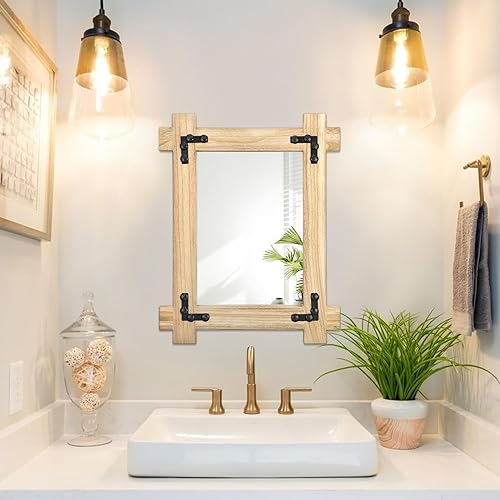 Miniatura 6 de Espejo de pared con marco de madera, espejo rústico rectangular para colgar, espejos decorativos de granja para pared, dormitorio, baño, sala de